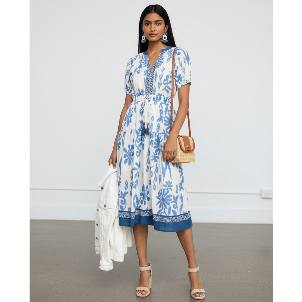 Pinch Coastal Comfort Blue White Floral Ikat Midi Dress Tassel Waist Size L NWT